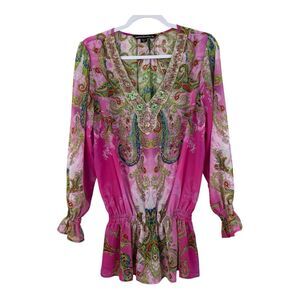 Mushka by Sienna Rose Sheer Pink Paisley Top Sz XL Beaded Cinched Waist Boho Art